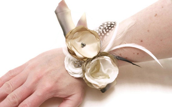 Prom Corsage - Ivory Gold Wrist Corsage - Mother Of The Bride Corsage - Ready To Ship