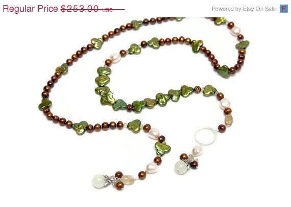 Pearl Lariat Necklace - Pearl and Gemstone Jewelry - Emerald Green - Woodland Faerie Ooak