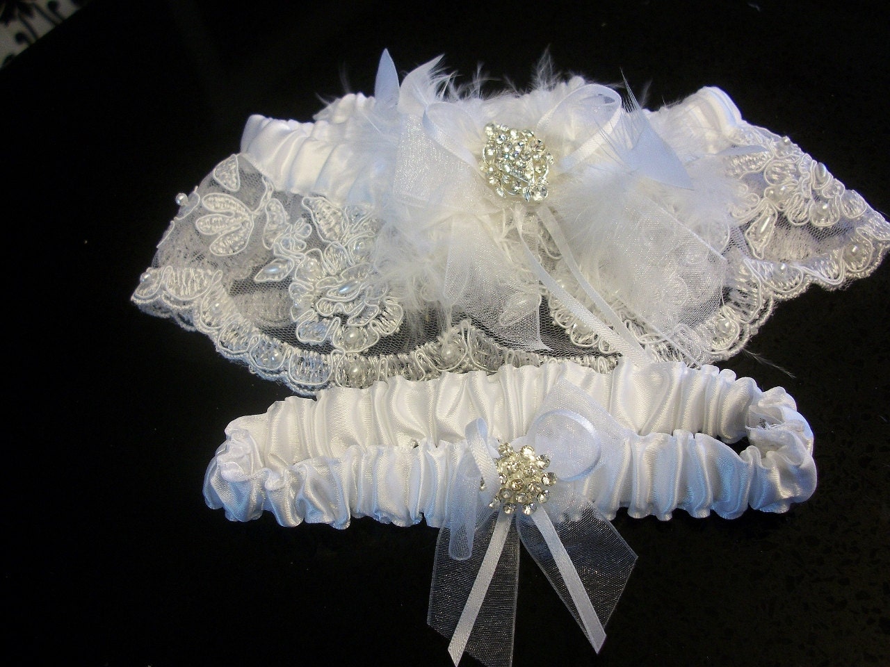Bridal Garter white lace rhinestone center includes throw away duplicate elegant