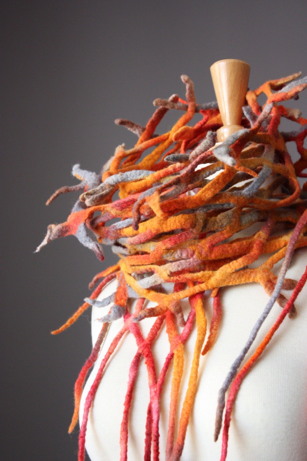 Felted scarf wool Orange earthy  Fish net for Spring , Roots and branches scarf