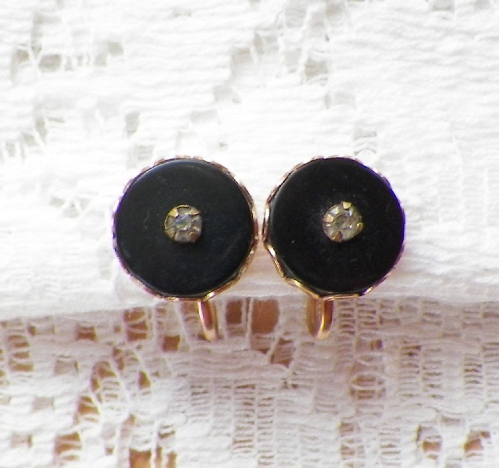Simple Black Glass and Rhinestone Earrings