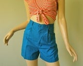 Camp Shorts in Cerulean Blue- 1970's High Waist Twill in Turquoise- Size Small