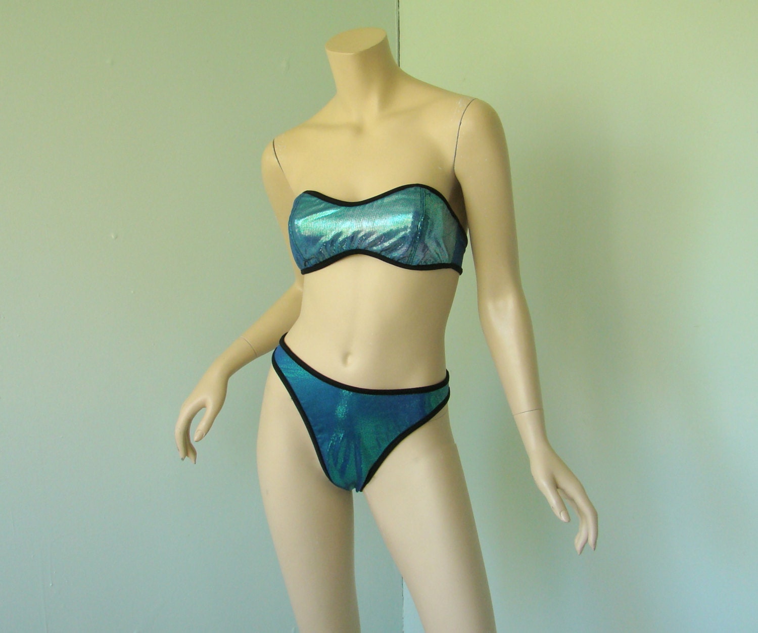 Iridescent Teal Bikini- 1990's Swim Suit- Sweetheart Bandeau- Metallic Pearl Finish- Blue Green