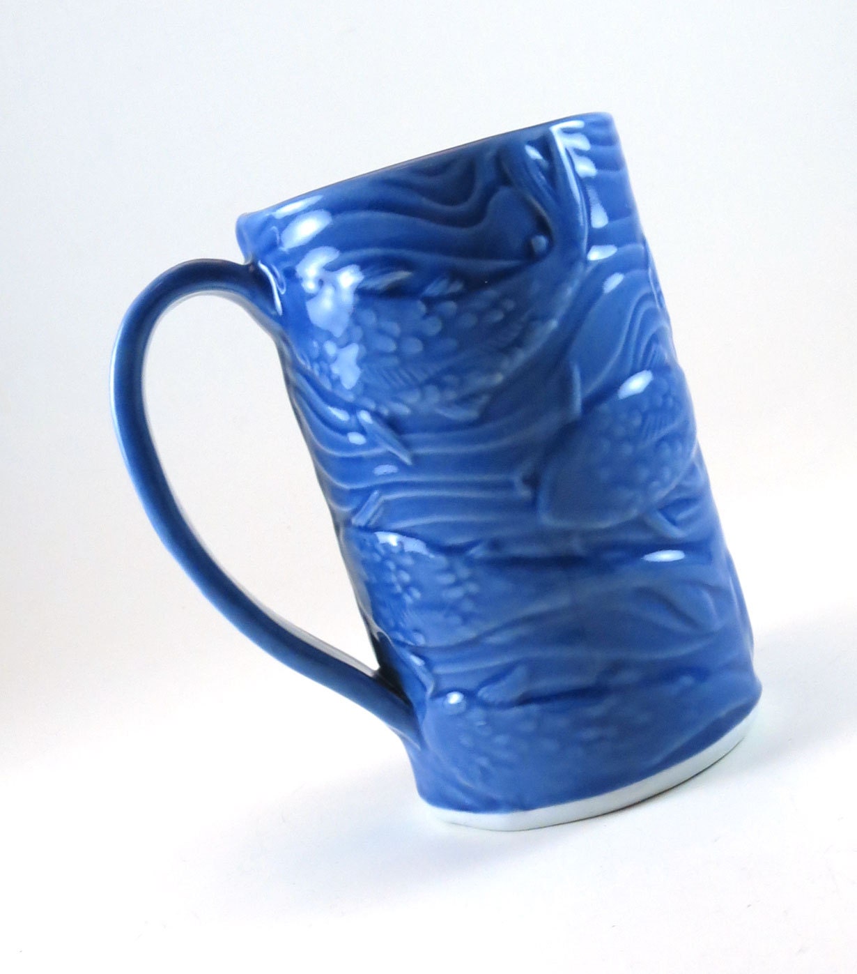 Large Pottery Blue Mug - Porcelain Blue Fish - 20 oz - Ceramic Tea Cup - 293