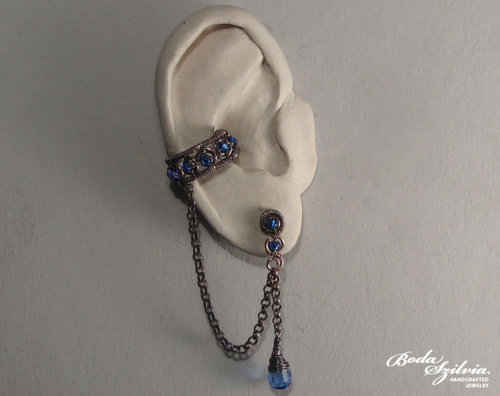 SAPPHIRE - ear cuff with post earring - copper and blue