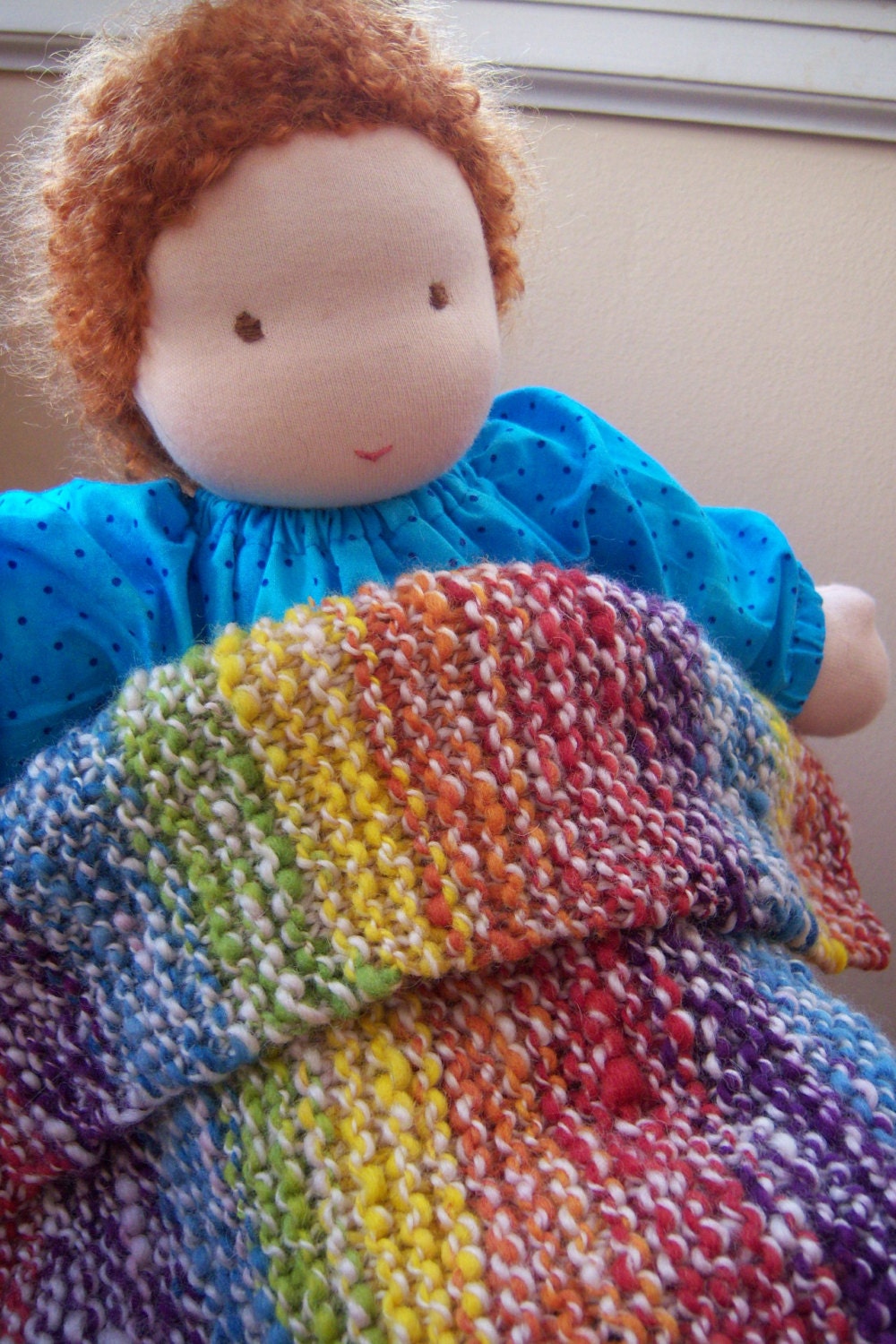 Waldorf Doll Blanket - Handspun Wool Yarn - Rainbow Plant Dyed Colors - Knitted