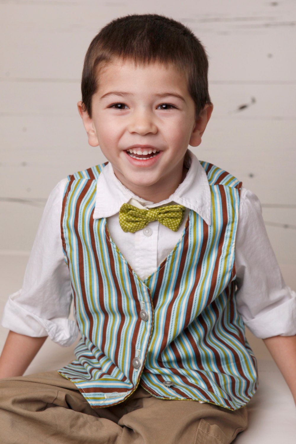 Full Bloom Collection-Little Guy Reversible Vest-Green, Blue Brown and Cream Stripe and Green Dot with 3 Buttons
