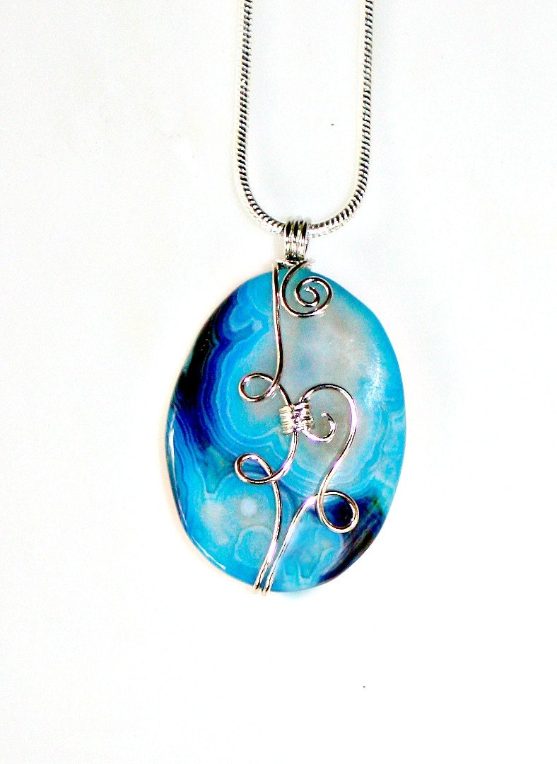 Blue Pendant Necklace - with YOUR CHOICE of Sterling Necklace Ocean Blue Wire Wrapped Agate Unique Gem Set by Mei Faith