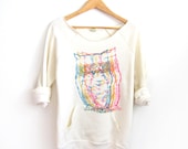 CMYK Owls Hand STENCILED Deep Scoop Neck Heather Sweatshirt in Heather Cream - S M L XL