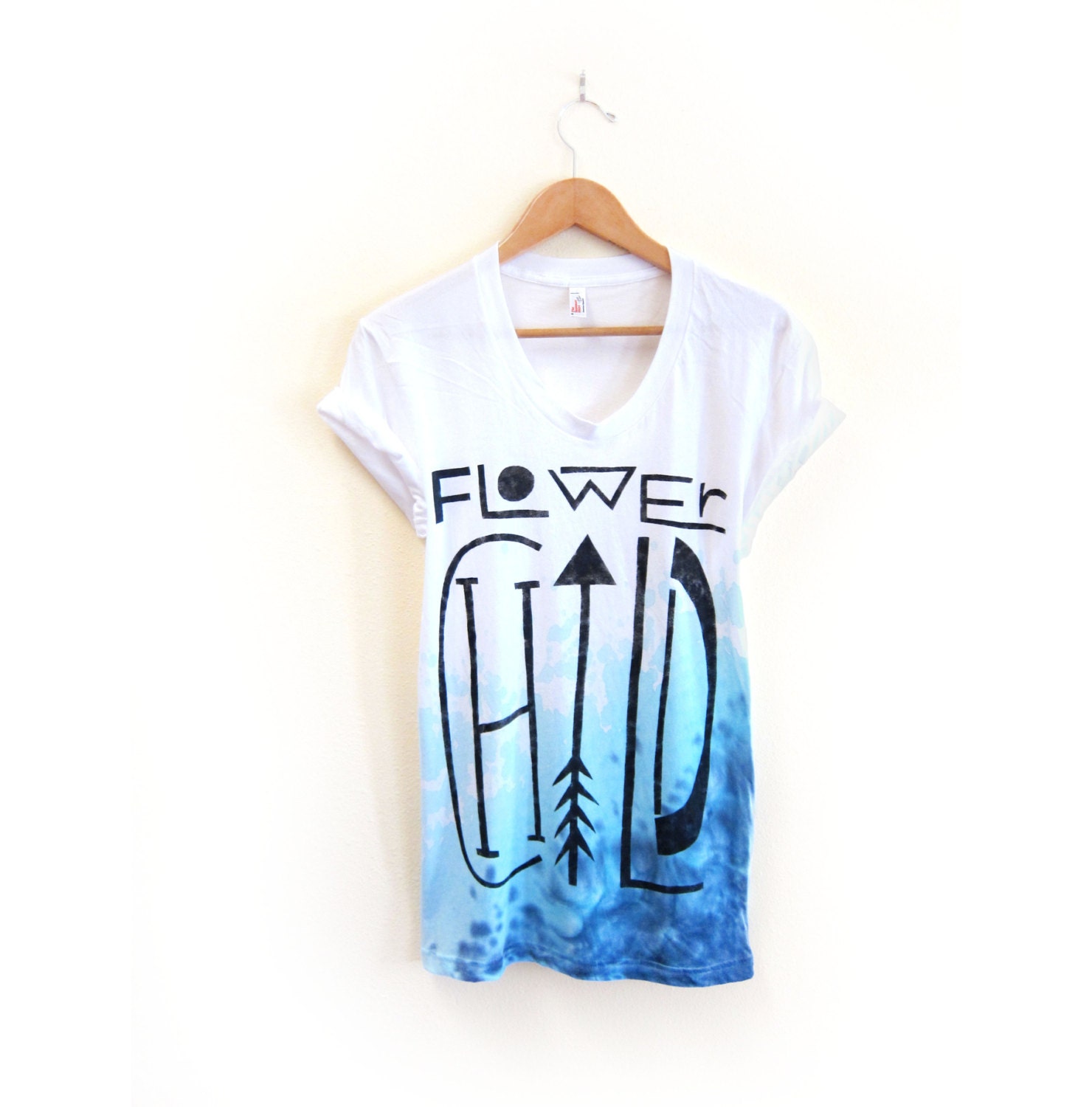 Flower Child - Splash Dyed Hand Stenciled Scoop Neck Hippie Rolled Cuffs Tee in Teal Blue - S M L XL