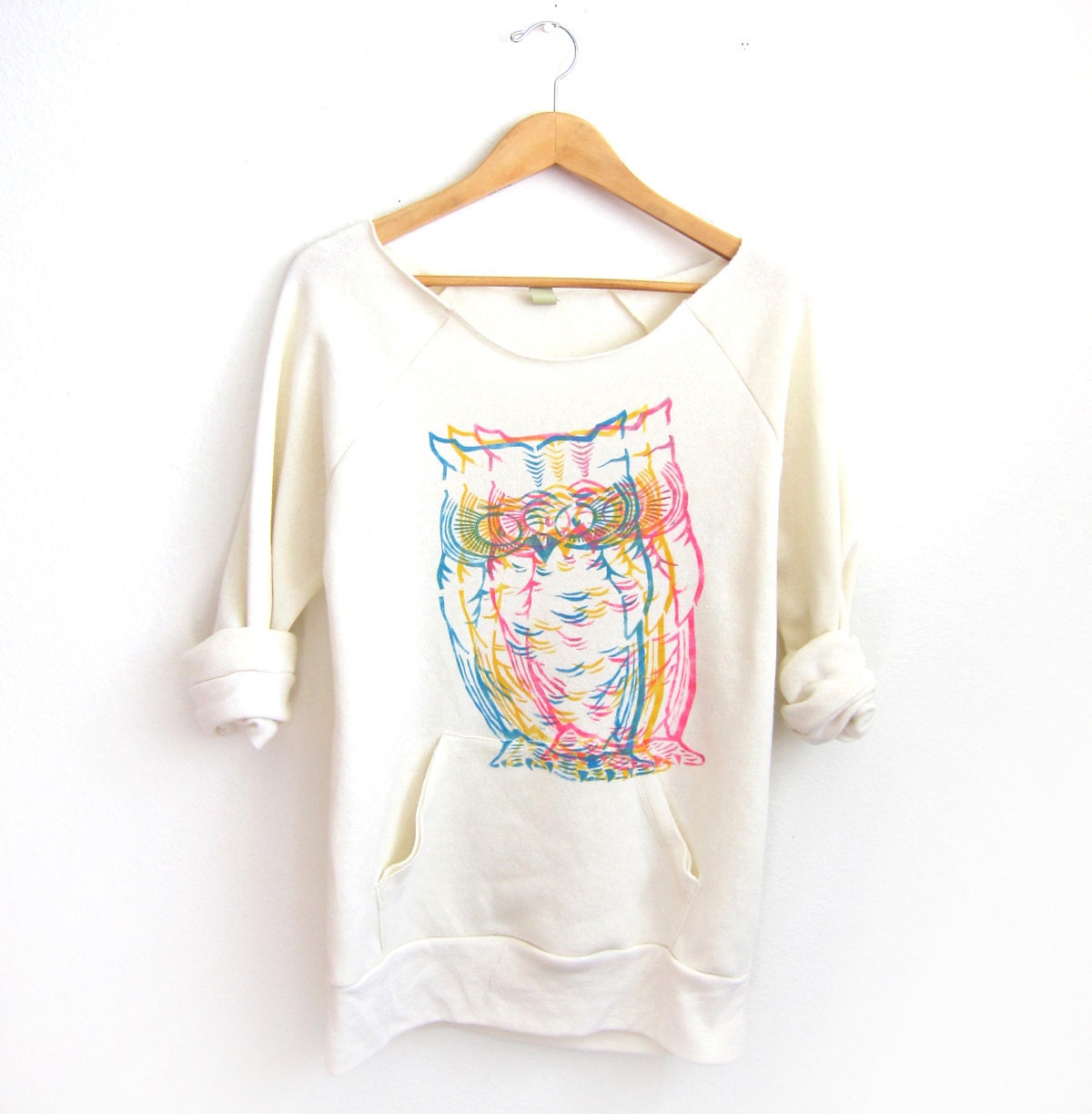 CMYK Owls Hand STENCILED Deep Scoop Neck Heather Sweatshirt in Heather Cream - S M L XL
