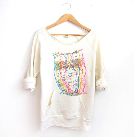 CMYK Owls Hand STENCILED Deep Scoop Neck Heather Sweatshirt in Heather Cream - S M L XL
