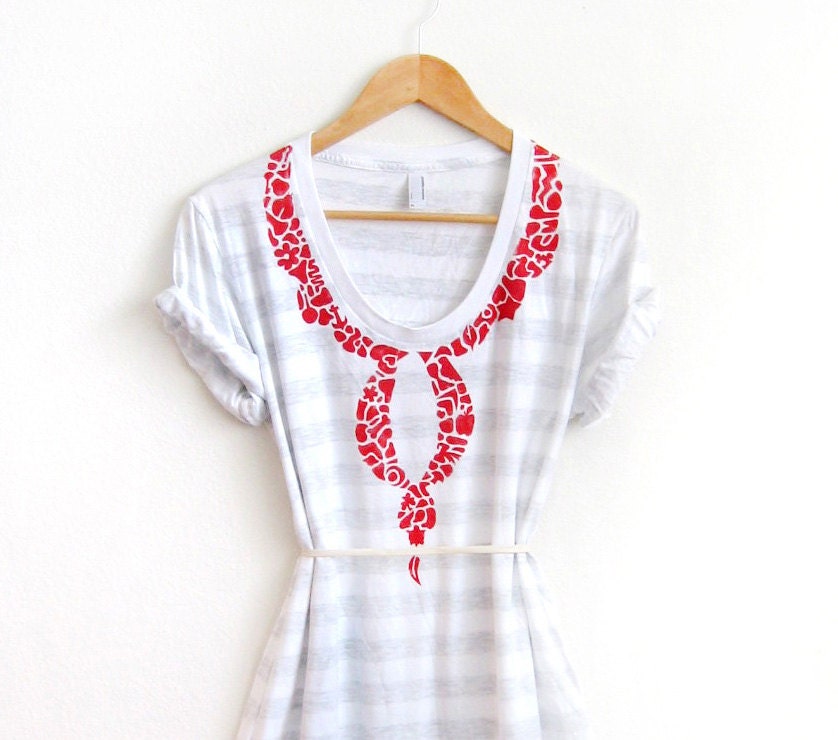Eclectic Collage Hand STENCILED Necklace Scoop Neck Tee Dress in Cherry Red and White - XS S M L XL