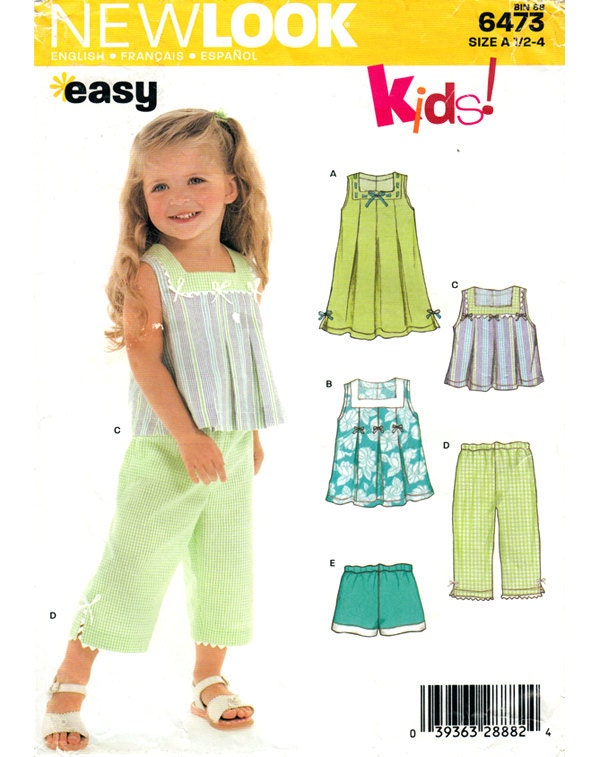 Girls Tucked Dress or Top & Capris or Shorts Pattern New Look 6473 UNCUT Size 1/2, 1, 2, 3, 4