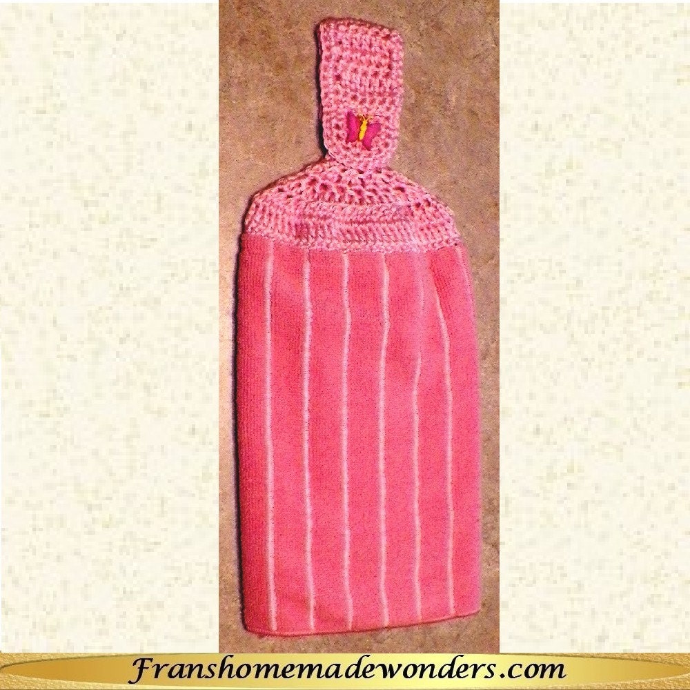 Hand Crocheted Top Double Layer Micro-fiber Hanging Kitchen Towels - Pink with White Stripes