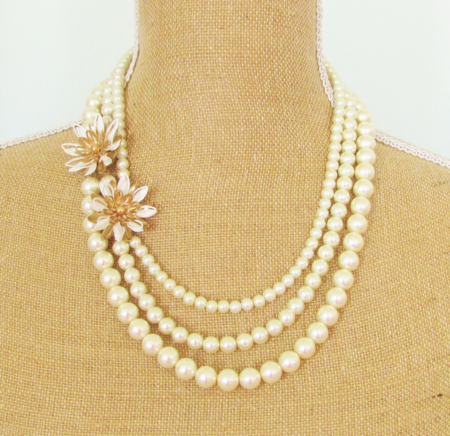 Gold Pearl Flower Statement Necklace - Vintage Enamel Lotus Flower Triple Strand Glass Pearl Wedding, Bridal, OOAK Necklace