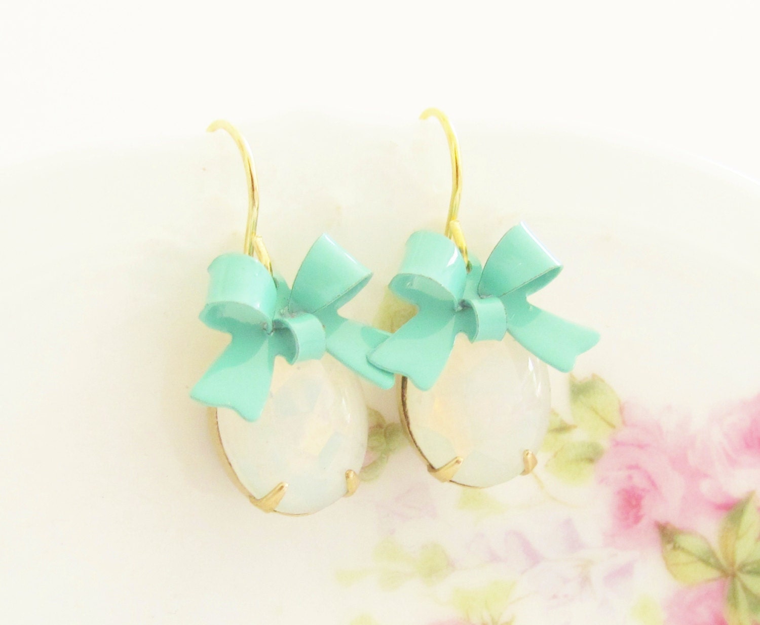 White Opal Turquoise Bow Earrings -Vintage White Opal Jewel and Turquoise Bow Dangle Earrings - Gold Plated Ear Wire, Wedding, Bridesmaid
