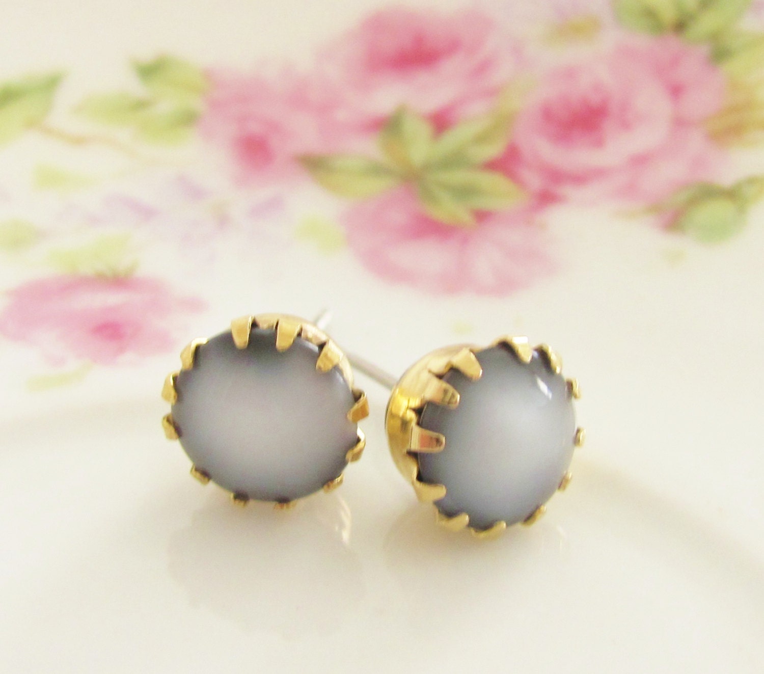 Gray Post Earrings Vintage Glass Jewel in Tiffany Brass Setting Surgical Steel, Wedding, Bridal, Bridesmaid, Preppy