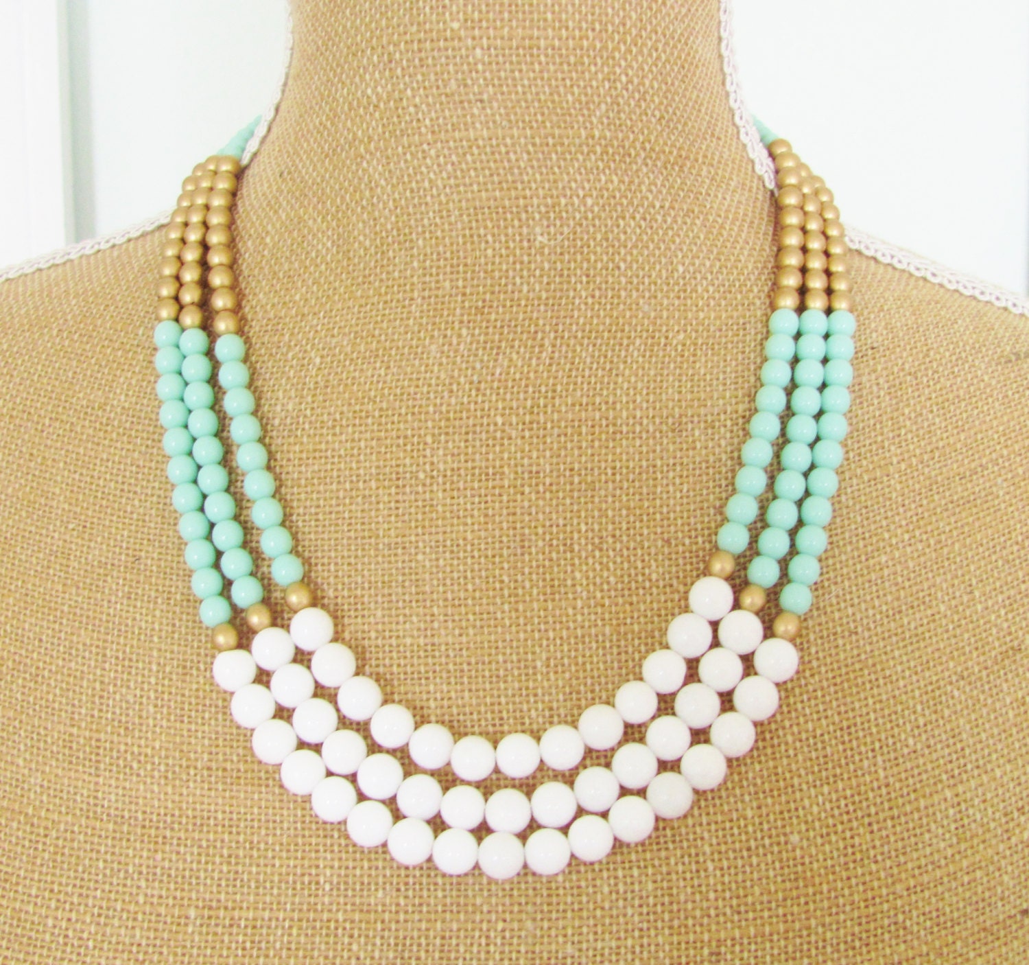 Mint Color Block Pastel Necklace Matte Gold Czech Glass, White Dyed Jade Statement Necklace Wedding, Bridal, Bridesmaid, Beach Mint Green