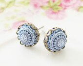 Navy Blue Mosaic Scallop Earrings - Navy Blue Mosaic Scallop Round Antique Brass Post Earrings - Preppy Bridesmaid, Wedding, Bridal