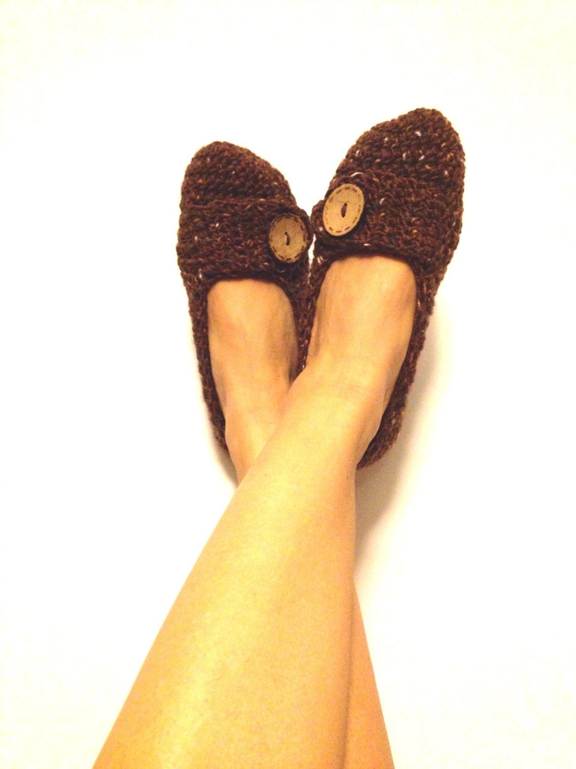 Brown Tweed with Natural Button Crochet Womens Slippers, Ballet Flats, House Shoes