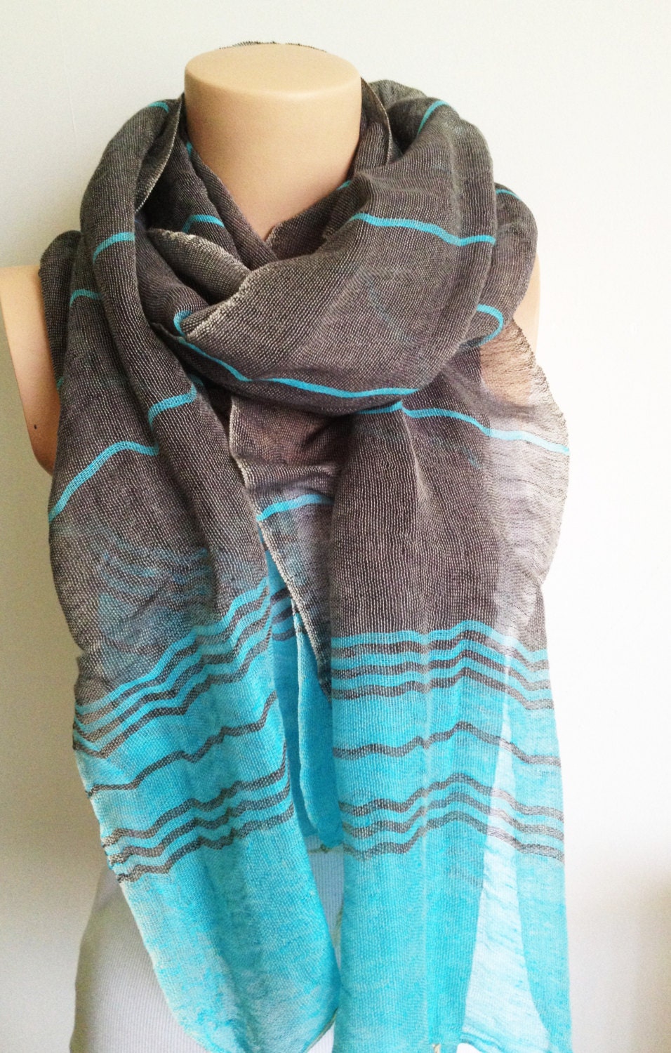 Ruffle Frilly Shawl Grey Teal Aqua Neckwarmer Cotton Fabric Scarf stripe