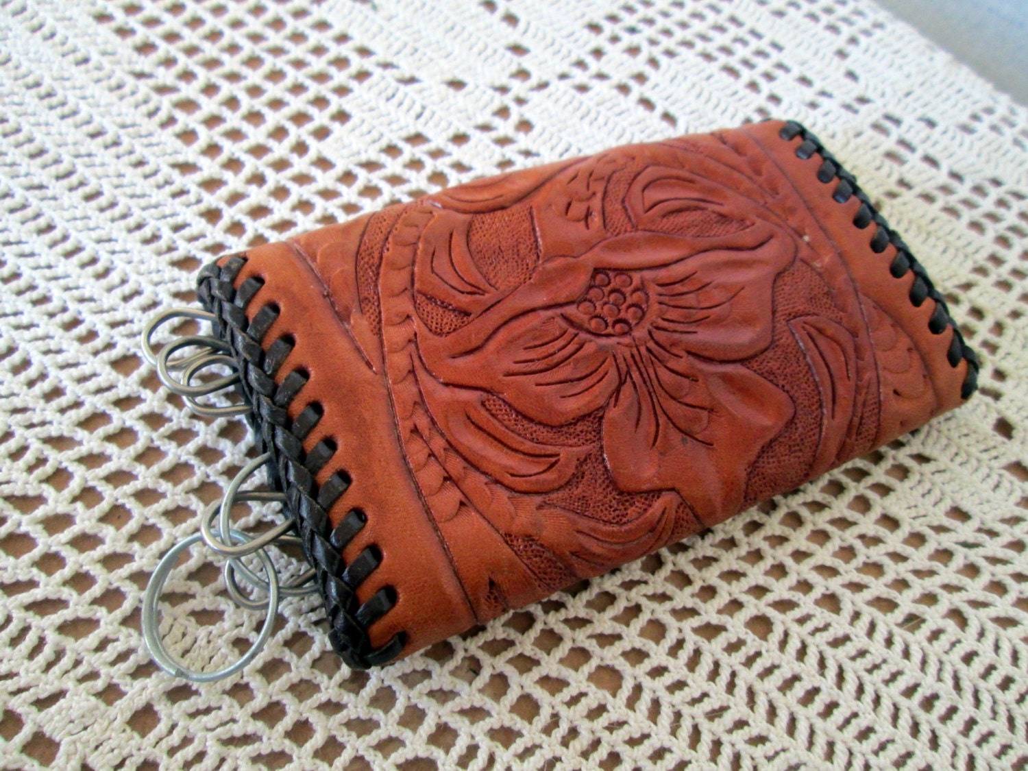 Tooled Leather key holder Floral Tooling Name Gram tooled on the inside