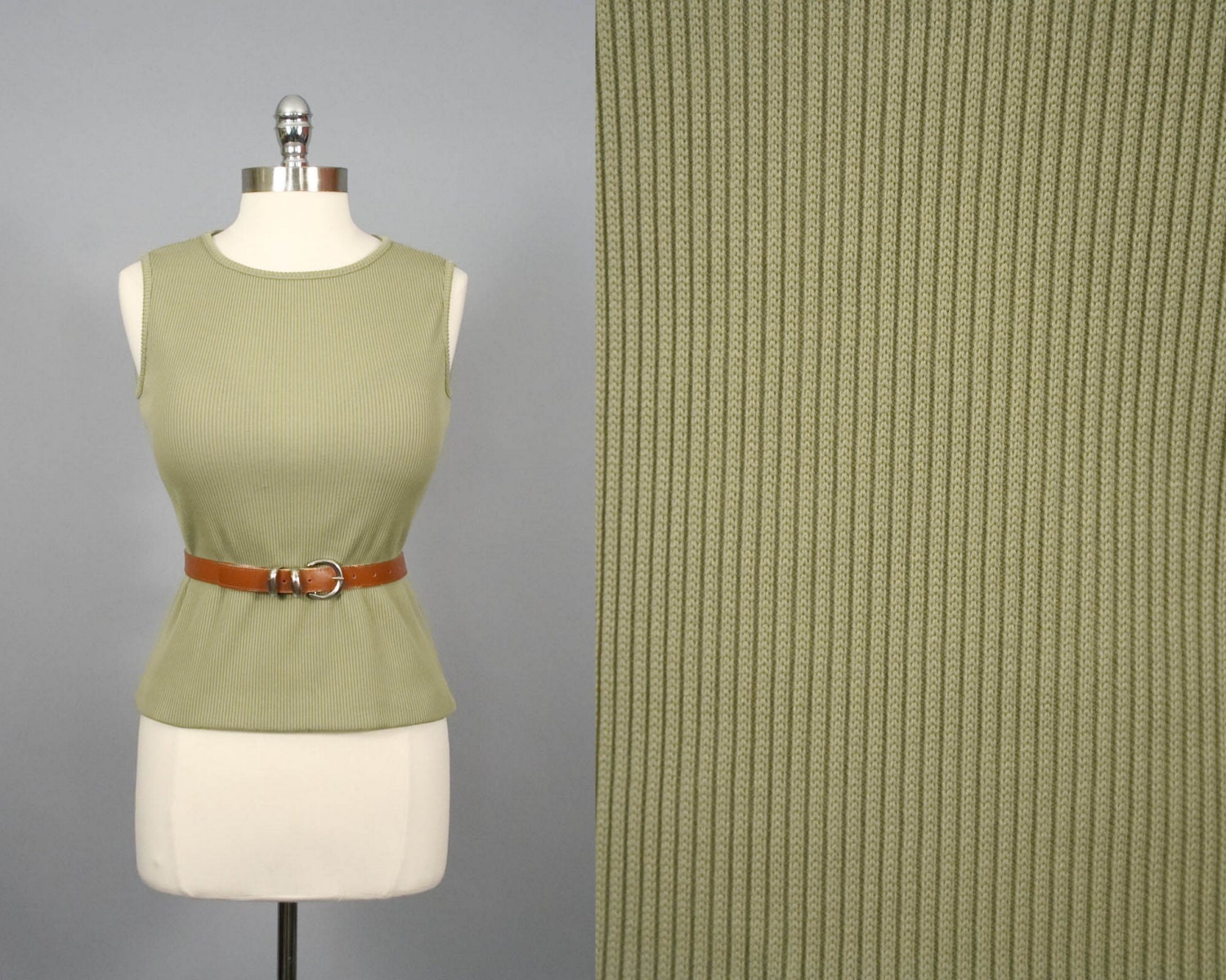 Vintage 60s 70s Ribbed Avacado Celery Green Shirt Top ( M )