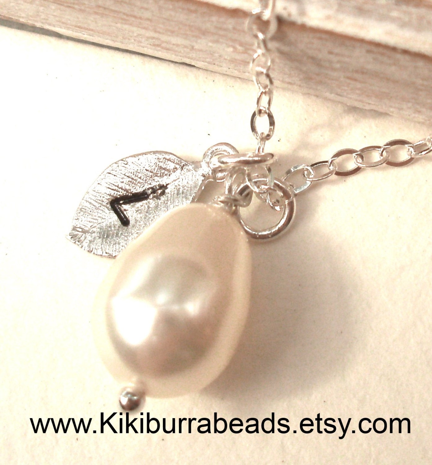 Pearl And Leaf Personalized  Necklace - Swarovski Pearl And Leaf Necklace Sterling Silver Jewelry Hand Stamped Initial Bridesmaids Gift