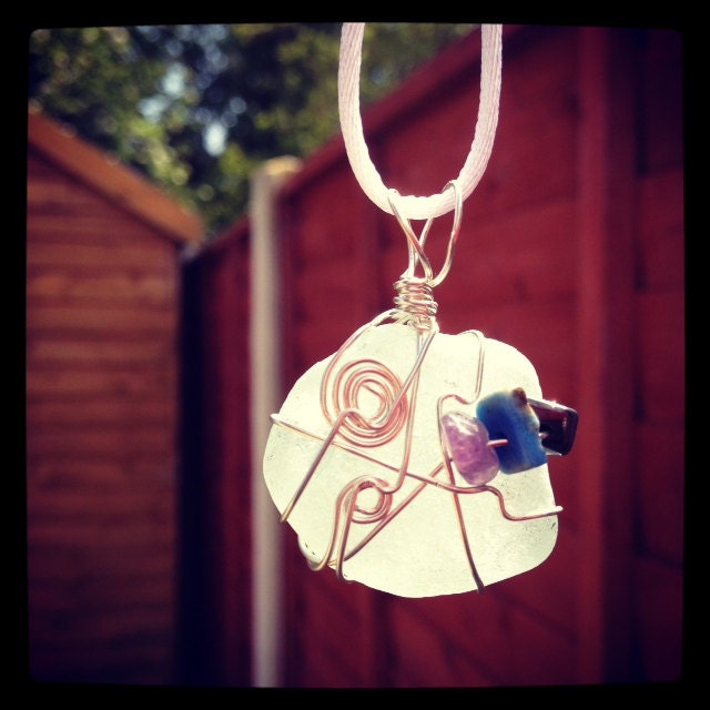 Irish Sea Glass - Pale Aqua w/ Hematite, Sodalite & Amethyst - Wire Wrapped Pendant