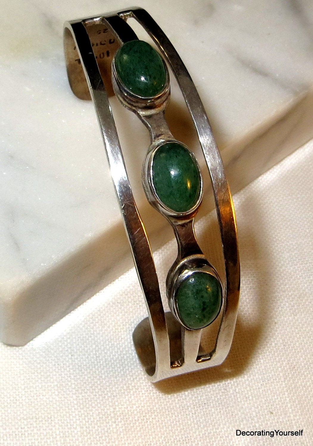 Taxco Green Onyx Cuff Bracelet Sterling Silver Small Mexico