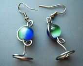 Earth Day Blue Green Glass Mini Globe Bead Stainless Steel Wire Wrapped Earrings, tigers eye