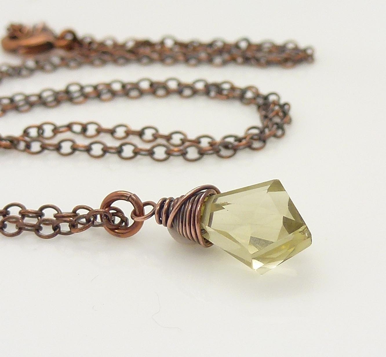 Lemon quartz necklace, copper necklace, copper jewelry, wire wrapped briolette necklace, lemon yellow