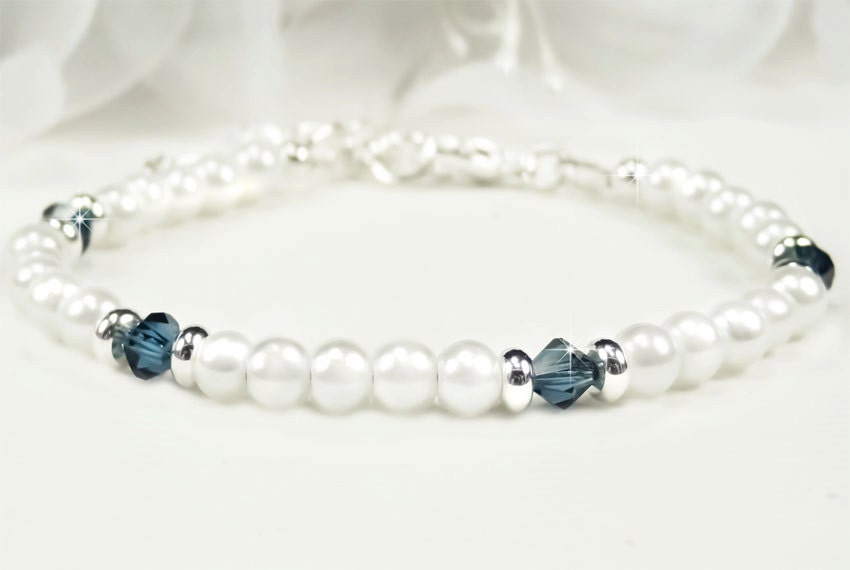 Flower Girl Bracelet, White Pearl and Navy Blue Swarovski Crystals Flower Girl Bracelet, Little Girl Jewelry -Candace WFG0132