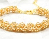 Flower Girl Bracelet, Gold Pearls, Hugs & Kisses Design, Hand Woven Childrens Wedding Jewelry WFG0118