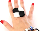 Black and White Glass Ring Handmade,  big bold statement adjustable cocktail ring, LETS PLAY 1.7 inch