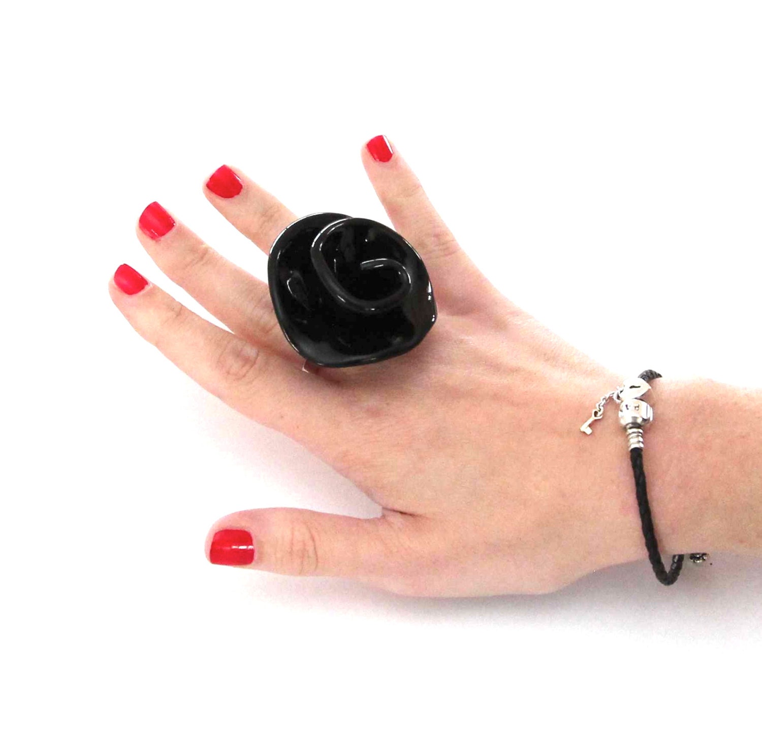Black Rose Ring Ceramic  -  big bold oversized handmade cocktail ring - MIDNIGHT ROSE  - 2.2  inch