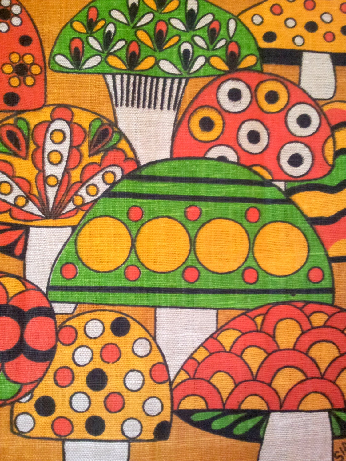 Vintage Mushroom Nineteen Seventy Two Calendar Linen Towel Polka Dots Stripes Orange Green Gold