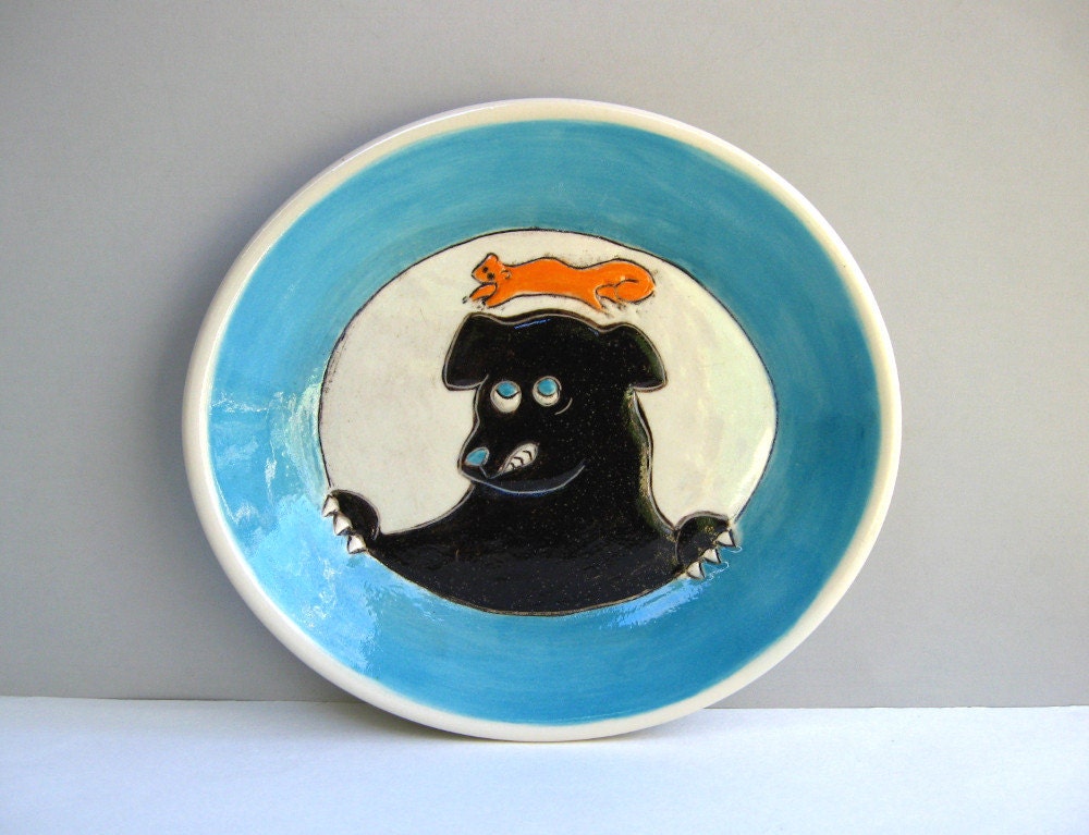 Dog Plate, Small Oval Dish, The Squirrel Whisperer, Blue, Black