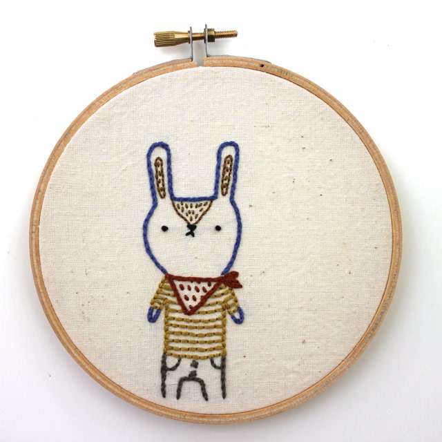 SUMMER SALE - Charlie the cowboy bunny - Hand embroidered wall art - Ready to ship