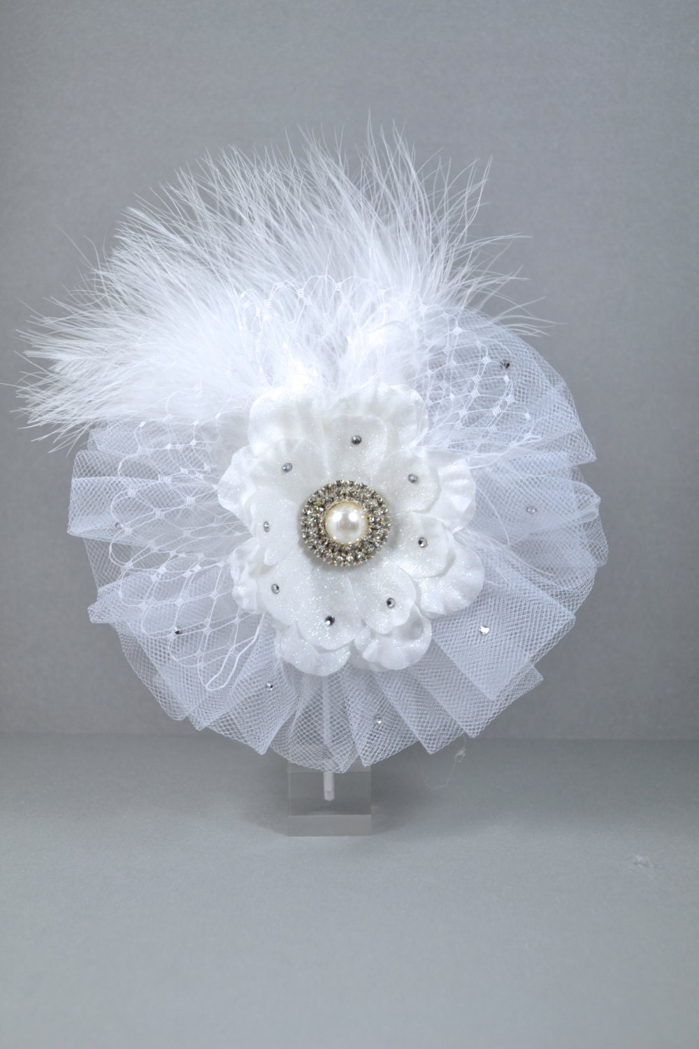 Fancy Floral, Feather, Russian Veil and Tulle Hair Fascinator-Hair Clip, Accessory