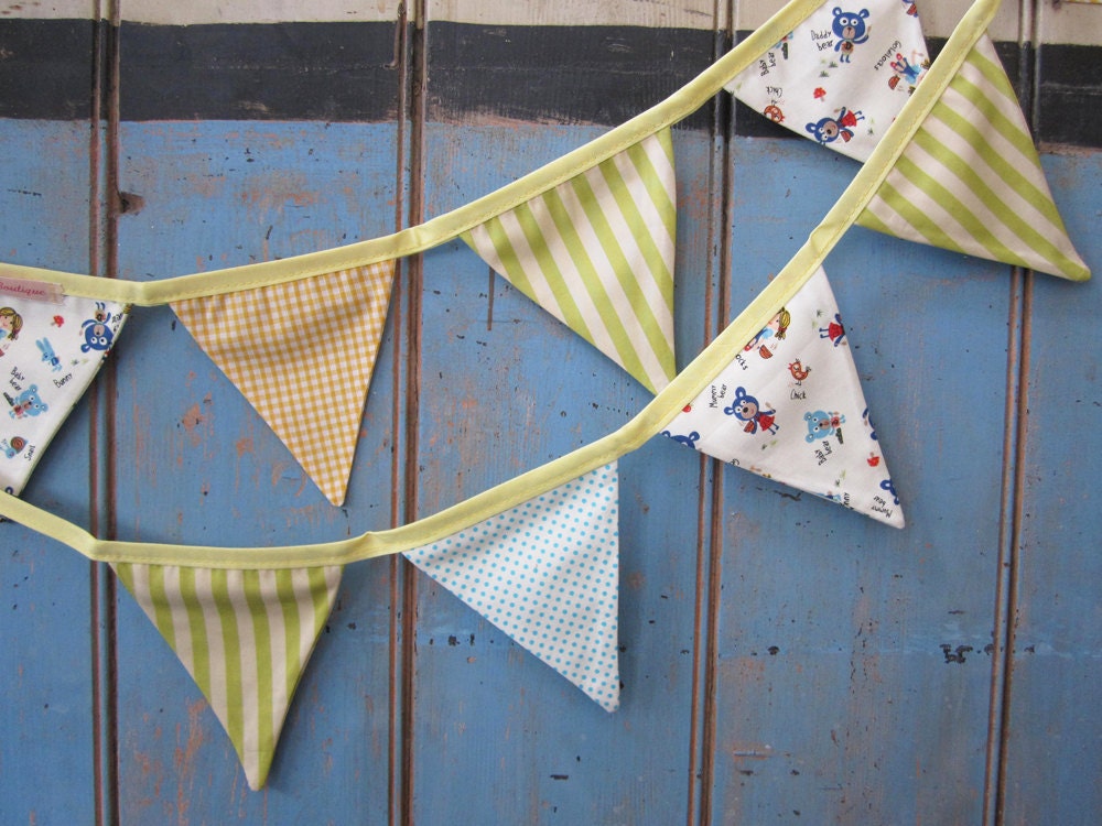 Small Classic Children's  Bunting. Colours - Green, Lemon, Turquoise and White. Patterns -  Stripes, Gingham, Spots and little characters.
