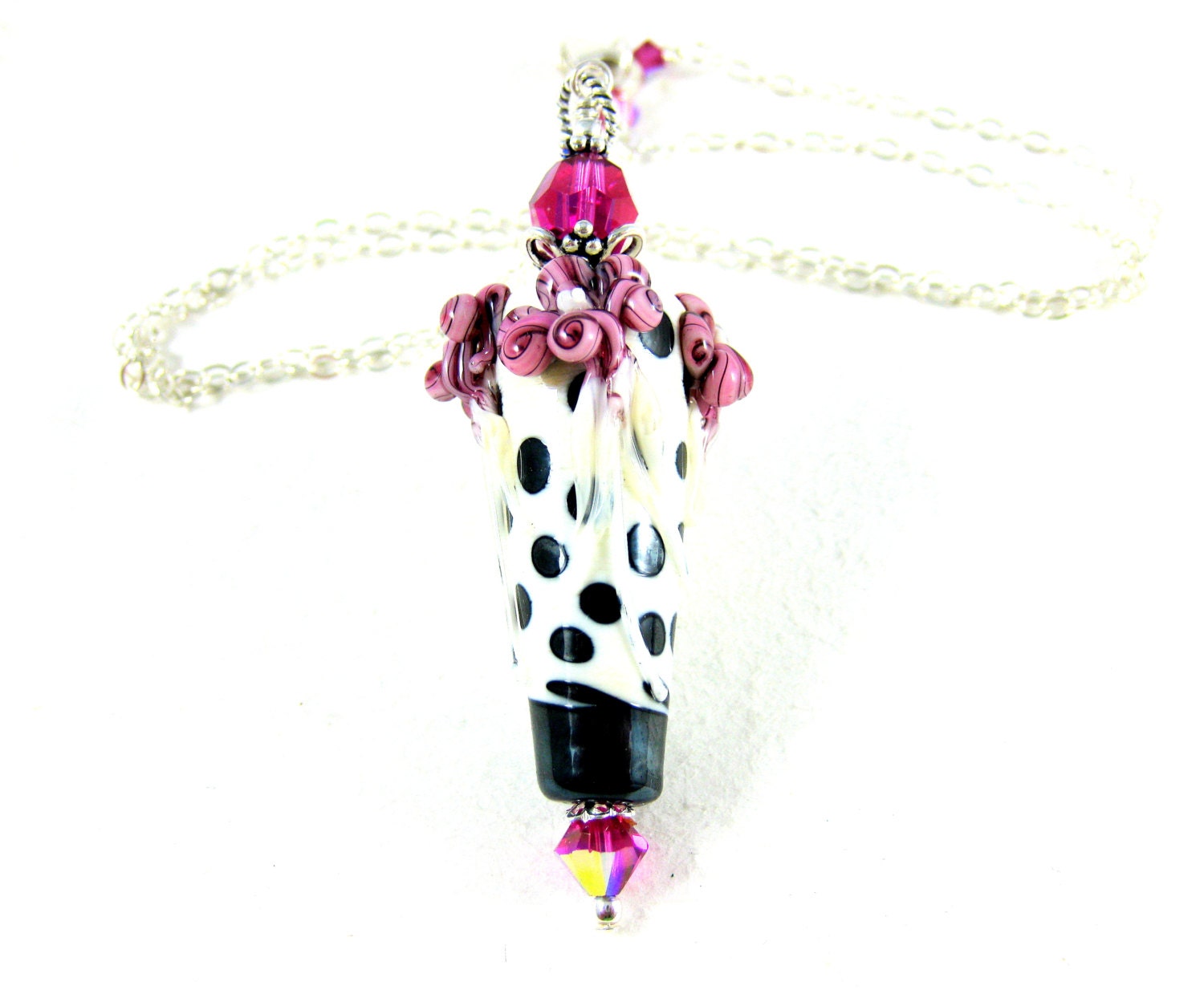 Pink Black White Floral Lampwork Glass Necklace, Pink Flower Necklace, Polka Dot Beadwork Necklace, Pendant Necklace - French Twist
