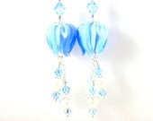 Blue Flower Beadwork Earrings, Light  Blue Tulip Lampwork Earrings, Crystal Pearl Dangle Earrings, Baby Blue Earrings - Camille