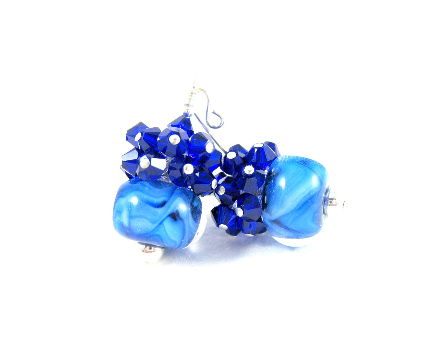 Cobalt Blue Boro Lampwork Earrings, Blue Crystal Cluster Earrings, Bright Blue Beadwork Earrings, Dangle Earrings - Cool Springs