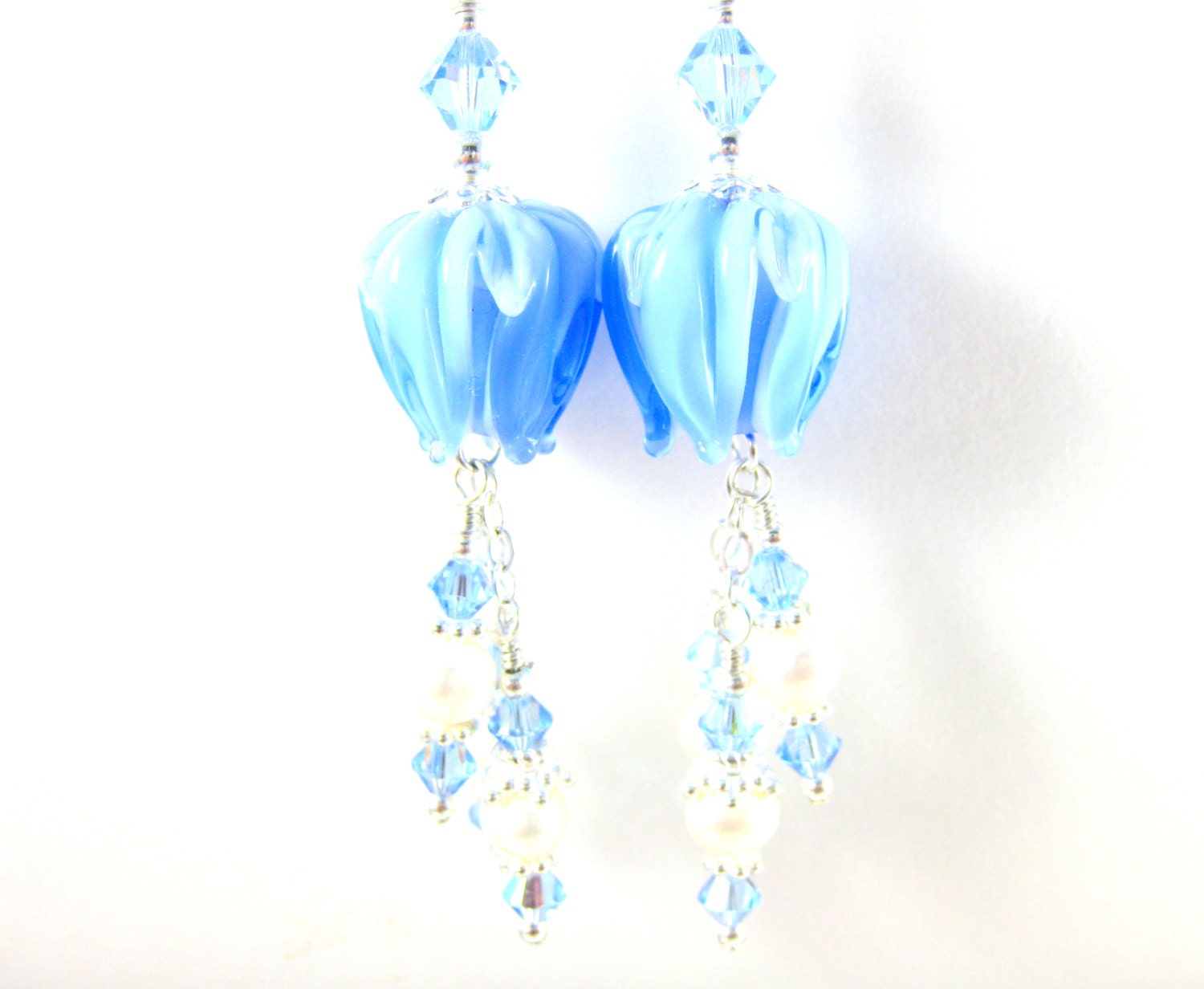 Blue Flower Beadwork Earrings, Light  Blue Tulip Lampwork Earrings, Crystal Pearl Dangle Earrings, Baby Blue Earrings - Camille