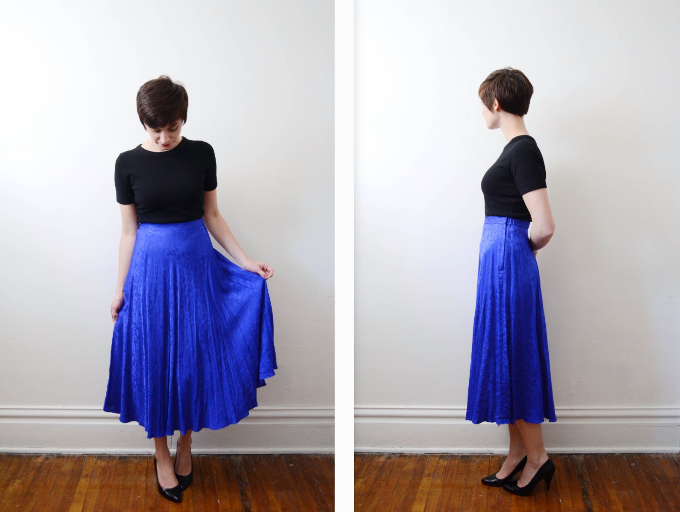 80s Cobalt Blue Silk Skirt - S/M