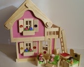 SALE Wooden Mini Lalaloopsy-scale Pink Doll House, Dollhouse with Natural Wood Furniture, Bonus Ladder, Special price, Limited time offer