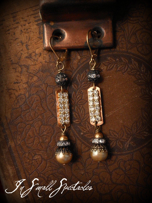Vintage Brass ID Tag and Champagne Pearl Earrings