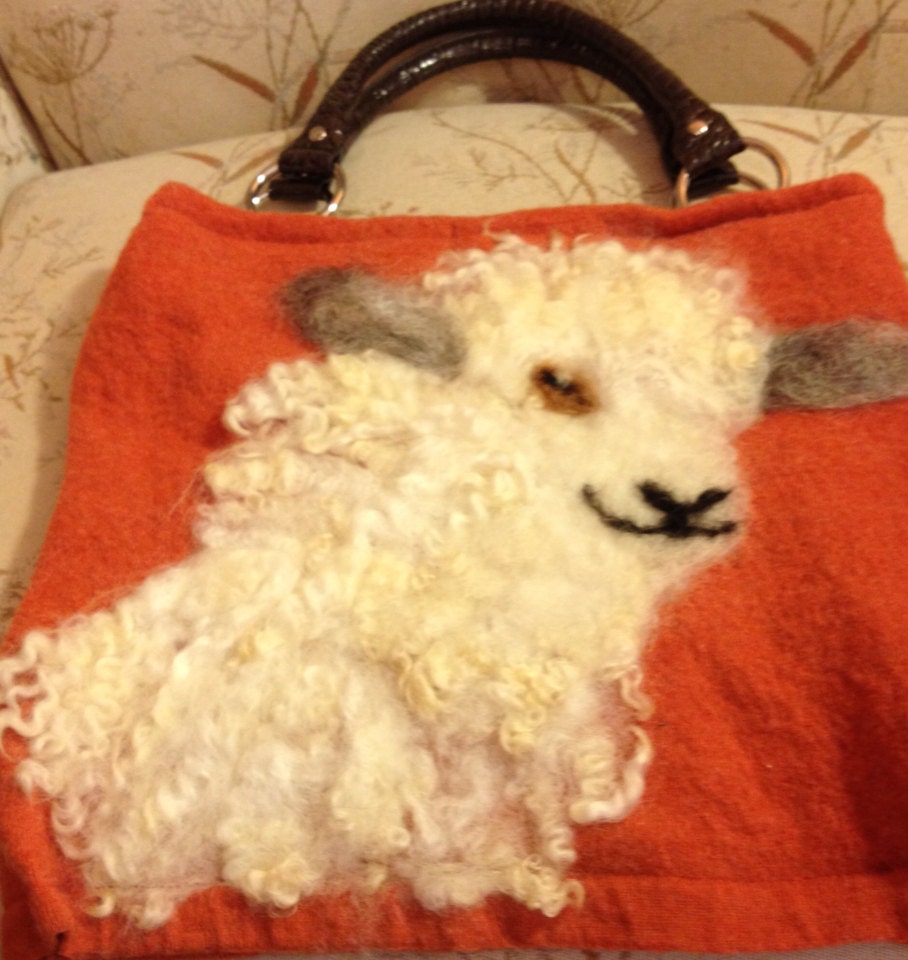 Orange Felted Wool Purse with Sheep